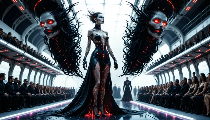cybernetic corruption, seductive cybernatic vampire,Neon Catwalk Queen: Tall vampire on a floating runway, hair sculpted into gravity‑defying coils, wearing a black latex dress studded with LED crystals. Audience of drones circles above.