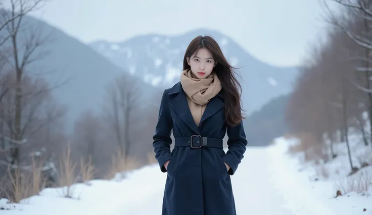 a woman in a dark blue windbreaker、a young woman wearing a light camel scarf，walking alone on the snow-covered mountain path。she walks calmly，her hands are in her coat pockets，looking firmly at the misty mountain in the distance，without a trace of nostalgi...