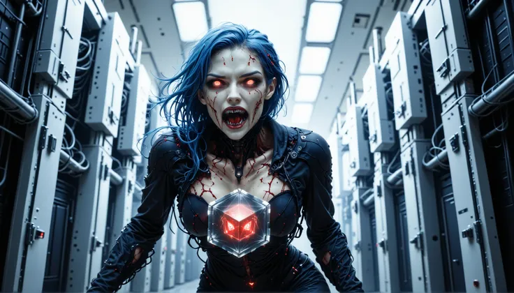 cybernetic corruption, seductive cybernatic vampire, fangs, Data Vault Break‑In: A lone vampire hacker with cropped blue hair, glowing white eyes, wearing an armored jumpsuit. She’s lifting a blood‑red data cube from a fortified vault in an empty high‑secu...