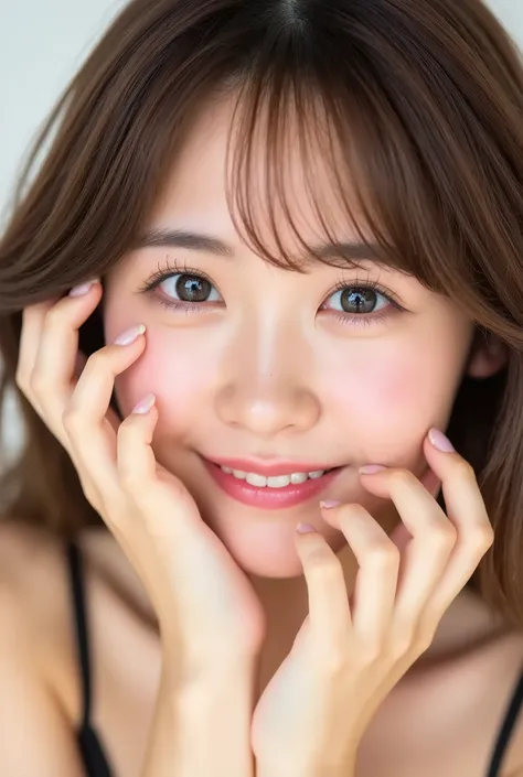 extreme close-up portrait, beautiful girl with her love-struck, radiant face filling the entire frame (95% face ratio), gently placing both open hands on her flushed cheeks with soft fingers, soft black camisole, white blurred background, eyes dreamy and h...