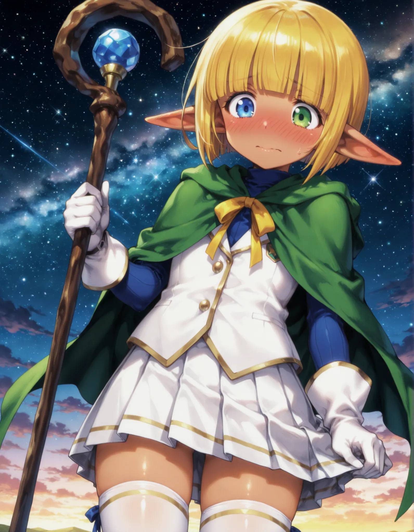 masterpiece, best quality, very aesthetic, 1boy,, solo, mare bello fiore, short hair, bangs, blue eyes, blonde hair, green eyes, pointy ears, blunt bangs, heterochromia, elf, otoko no ko, dark elf, anime screencap,, skirt, thighhighs, gloves, pleated skirt...