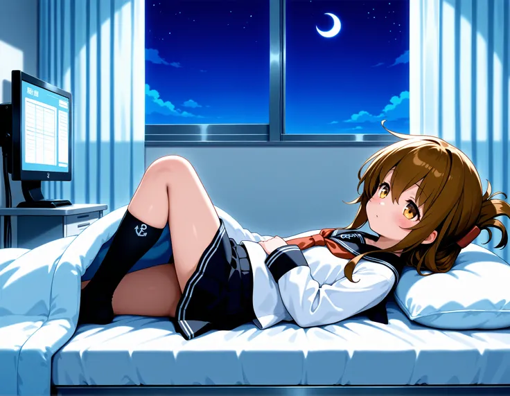 , inazuma \(kancolle\), brown hair, folded ponytail, long hair, brown eyes, anchor symbol, black sailor collar, long sleeves, neckerchief, school uniform, serafuku, pleated skirt, black skirt, black socks, Infirmary,bed,screen,lie down on a futon,knee up, ...