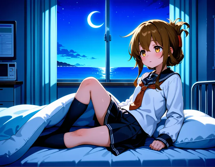 , inazuma \(kancolle\), brown hair, folded ponytail, long hair, brown eyes, anchor symbol, black sailor collar, long sleeves, neckerchief, school uniform, serafuku, pleated skirt, black skirt, black socks, Infirmary,bed,screen,lie down on a futon,knee up, ...