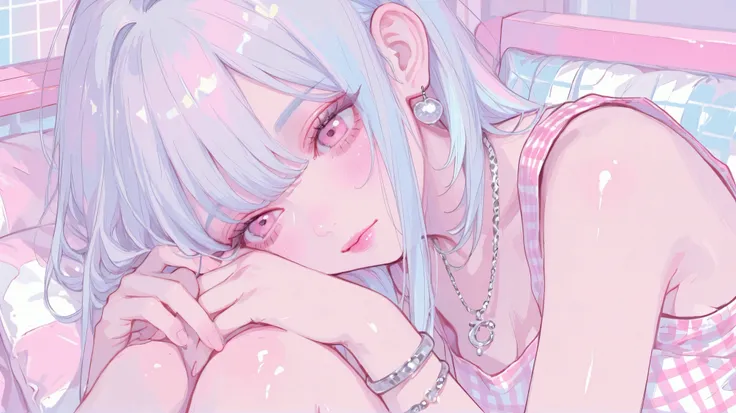 Pastel colors, one girl, gingham check tank top, cute pink eyes, pink lips, top quality, silver bracelet, silver necklace, light blue hair (long bobbed hair), facing us,