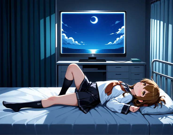 , inazuma \(kancolle\), brown hair, folded ponytail, long hair, brown eyes, anchor symbol, black sailor collar, long sleeves, neckerchief, school uniform, serafuku, pleated skirt, black skirt, black socks, Infirmary,bed,screen,lie down on a futon,knee up, ...