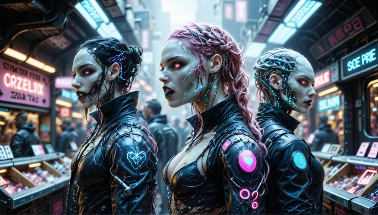 cybernetic corruption, seductive cybernatic vampire,Cyberpunk Marketplace: Multi‑character—vampires bargaining in a crowded market stall, holographic price tags floating. One has pink braided hair, another sports silver dreadlocks. All wear patched leather...