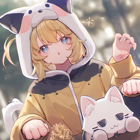 oversized white cat ear hood holding a cat doll, Walleye, cute pose, half side , Light blonde, A cat holding a doll