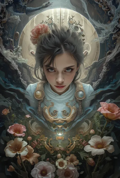 Optical illusion, Art by Brandon Woelfel and (Alex Grey:1.07), dreamy art, High detail during meals, digital paint, complicated, 8k, ((very detailed)), Cinematic Lighting, Dramatic light, intense, sharp concentration in nude clothes, Highest Quality, hy...