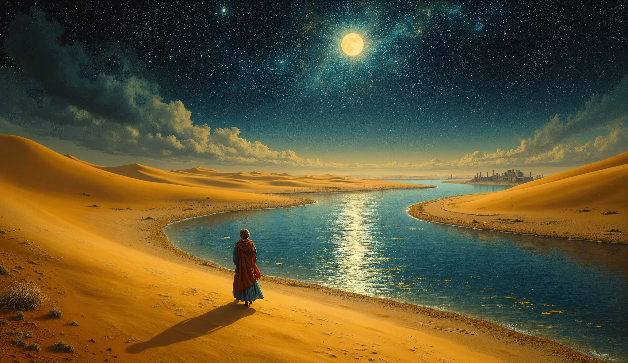 1950, Starlit Nile shimmers, golden sands. ancient magic whispers through night.