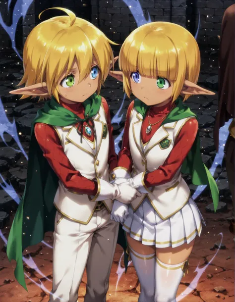 masterpiece, best quality, very aesthetic, 1girl,, 1boy, duo, BREAK, (short hair, blue eyes, blonde hair, green eyes, pointy ears, heterochromia, elf, dark elf, anime screencap), BREAK,
(mare bello fiore, bangs, blunt bangs, otoko no ko, skirt, thighhighs...