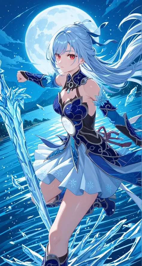 nsfw,Jingliu,glass cover,side shot,alternate color,masterpiece,detailed illustration,lifelike,{{{1Jingliu}}},shiny beautiful woman,cinematic lighting,dynamic angle,dynamic pose,depth of field,looking at viewer,1girl,jgsd,red eyes,blue armored dress,white s...