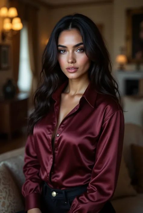 woman with dark hair in mulbery shirt and black pants posing in a room, silk, satin, black, inspiration, onyx, amber, anja millen, wearing silk, close portrait, essence, victoria, portrait, classic portrait, elegant style, detailed realistic skin texture, ...