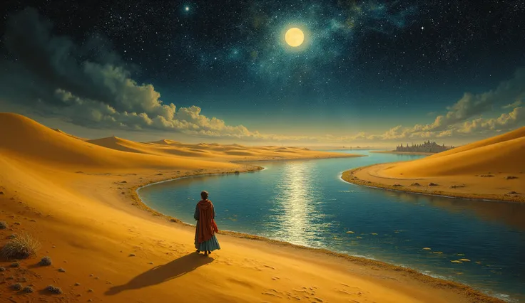 1950, Starlit Nile shimmers, golden sands. ancient magic whispers through night.
