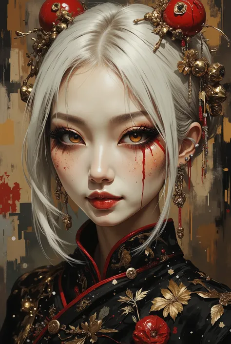 image of a japanese supermodel, white hair, straight-cut bob, figure-hugging cheongsam, black, gold and red, cowboy shot. She looks in front of her and smiles. full face with exaggerated features, caricatured in the style of kawaii : 1.52, thick and plump...