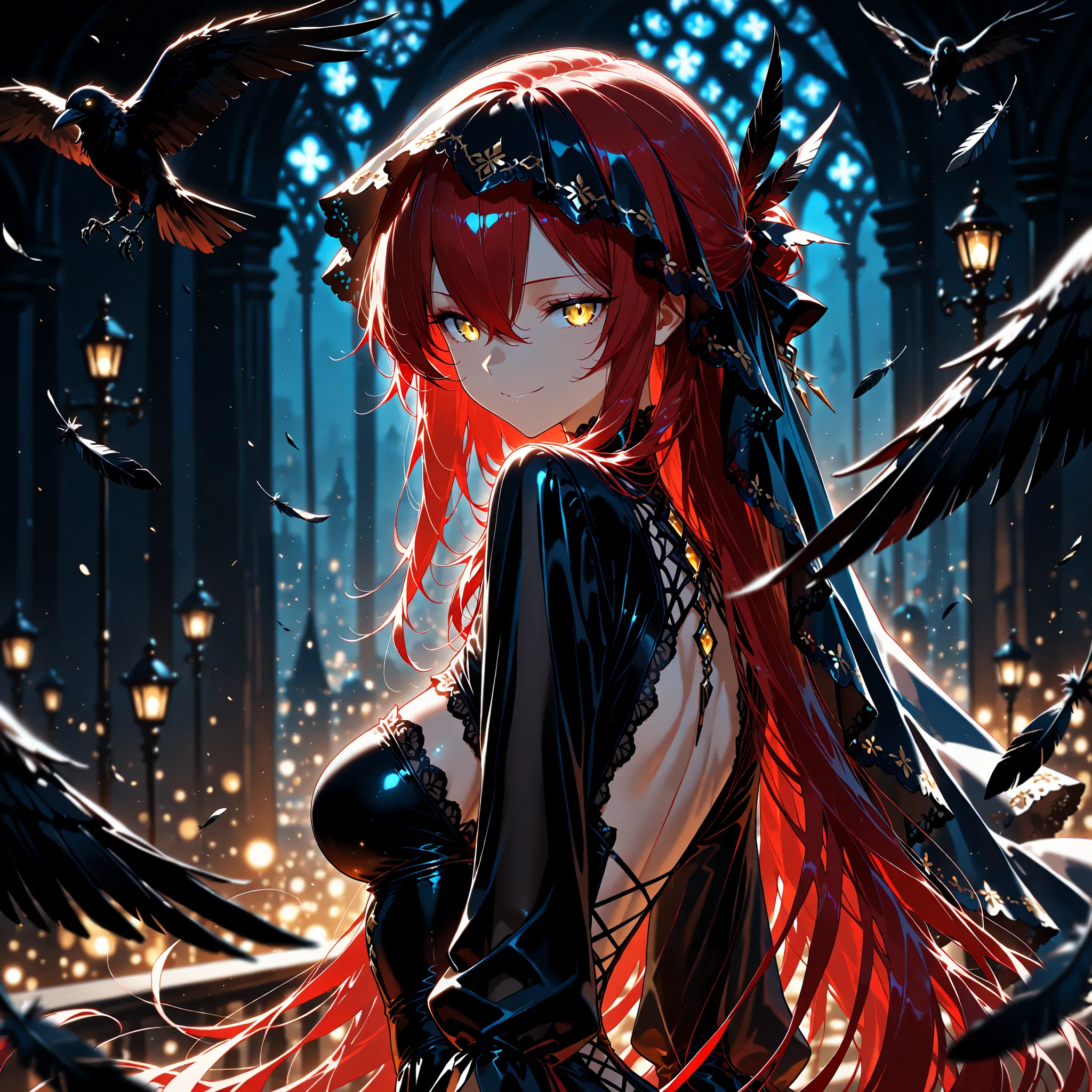 1 girl , golden eyes , very long hair , long sidelocks, red hair ,half updo, petite , very cute , beautiful ,Straight hair, cool, handsome, hair between eyes, sexy, female, medium large breasts, upper body, (dark theme :1.3) ,dark dress, silhouette ,lac...