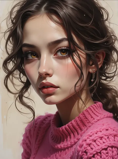 A close up of a brunette woman with curly hair and a strangulation, big, full lips , big eyes longer than normal eyelashes, tilted head , realistic painting of a pretty girl , trend in artstration, extremely pink knitted sweater, ✏️🎨, hyperrealistic ae...