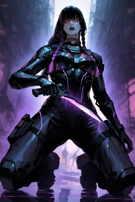 A moe-style anime illustration of "Dusk," a corporate weapon beauty in "Neon Cradle" slums, from waist up.
Appearance: 195cm tall (estimated), bust 130cm, waist 60cm. Slender, pale skin, sharp red eyes (glowing in dark), black lipstick. Long hair (to waist...