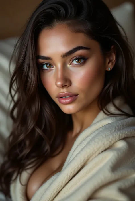 a close up of a woman laying in bed with a blanket, angelawhite, dark hair and large eyes, long dark hair and large eyes, clear portrait of demi rose, thick lips, a girl with dark hair, portrait of demi rose, demi rose, 18 years old, beautiful girl, sexy f...