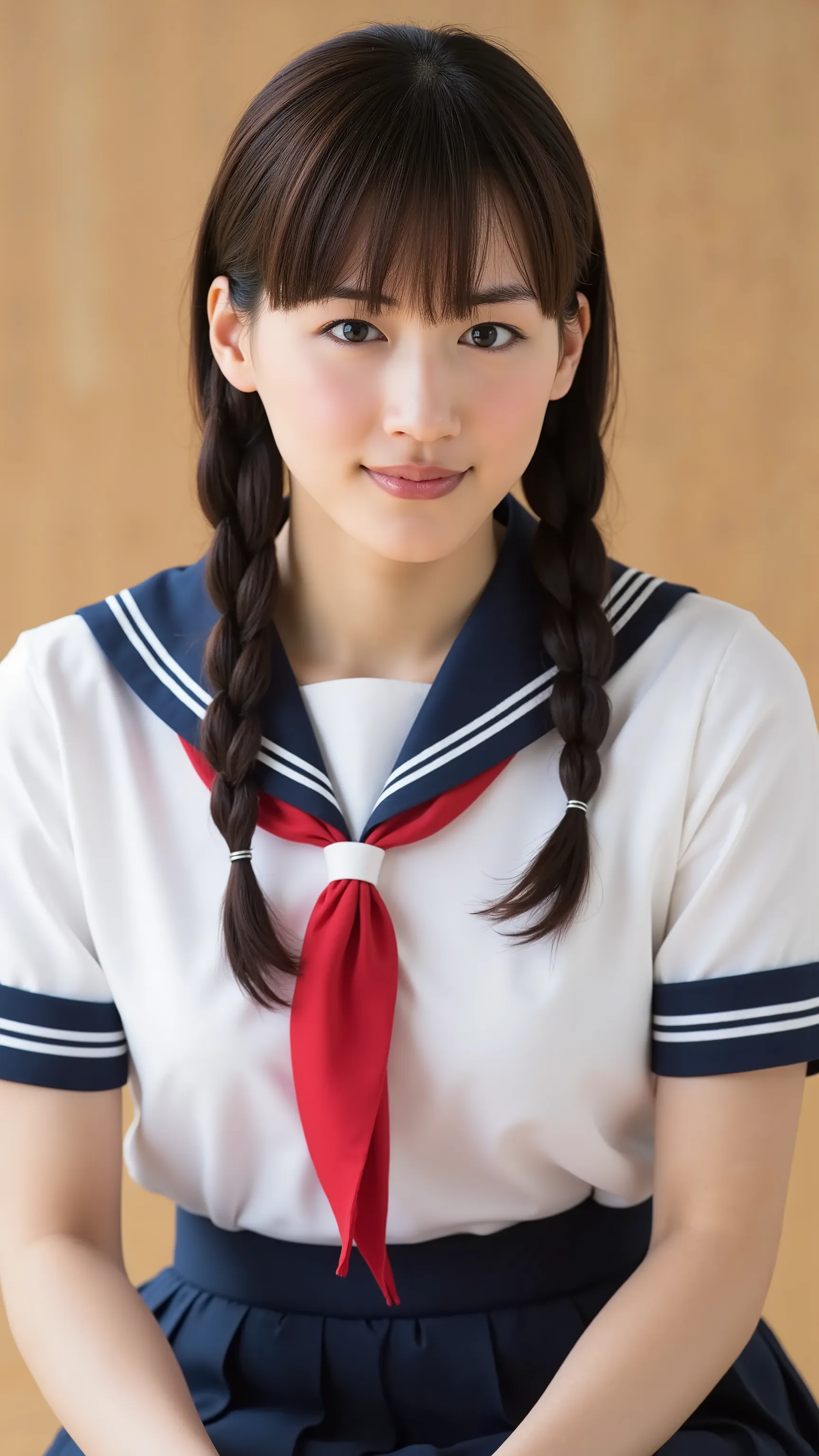 wearing a traditional Japanese uniform 、 The body is covered with a sailor suit with a white collar and dark blue lines 、 wearing a dark blue pleated skirt、 red scarf with black nose、((((( girls on the left:2.86))))),( masterpiece, top quality:1.9),...