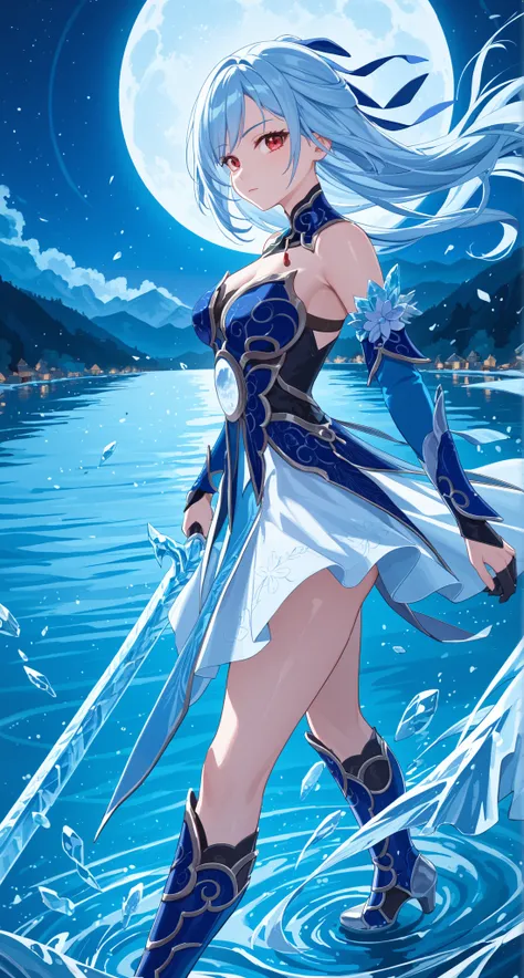nsfw,Jingliu,glass cover,side shot,alternate color,masterpiece,detailed illustration,lifelike,{{{1Jingliu}}},shiny beautiful woman,cinematic lighting,dynamic angle,dynamic pose,depth of field,looking at viewer,1girl,jgsd,red eyes,blue armored dress,white s...