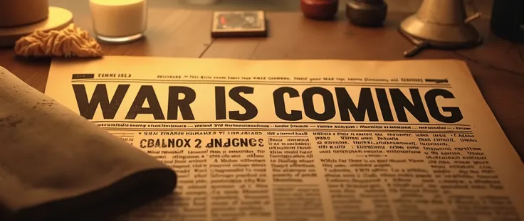 I imagine an image with a look that is reminiscent of an old newspaper, with yellowed pages and a vintage style. The news seems to be about a serious topic, with the phrase "War is coming" standing out, which conveys a sense of alert and concern. This comp...