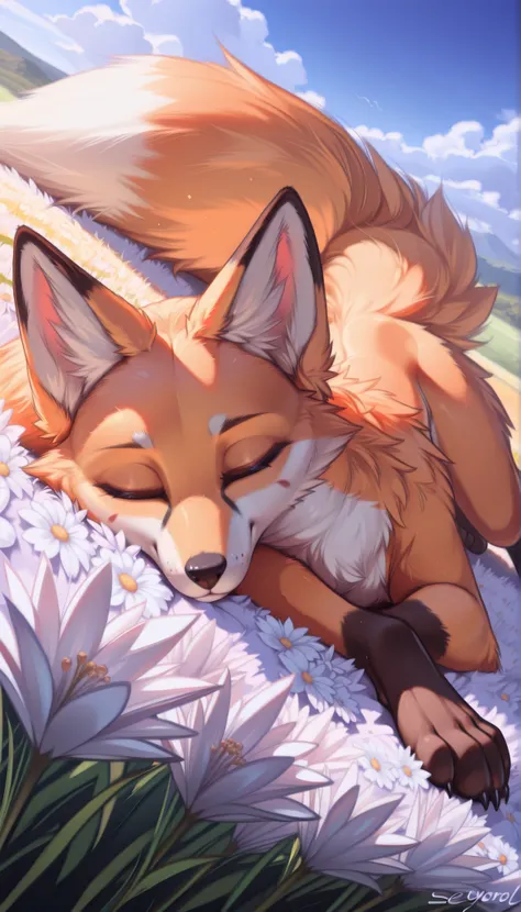 ((fox sleeping)), cuddling, feral, (by seyorrol), (tail), ((intricate detailed background, field background)) realistic shading, (epic, masterpiece, high quality, 8k, ultra HD, absurd res, top quality, best quality, max quality, masterpiece), (correct anat...