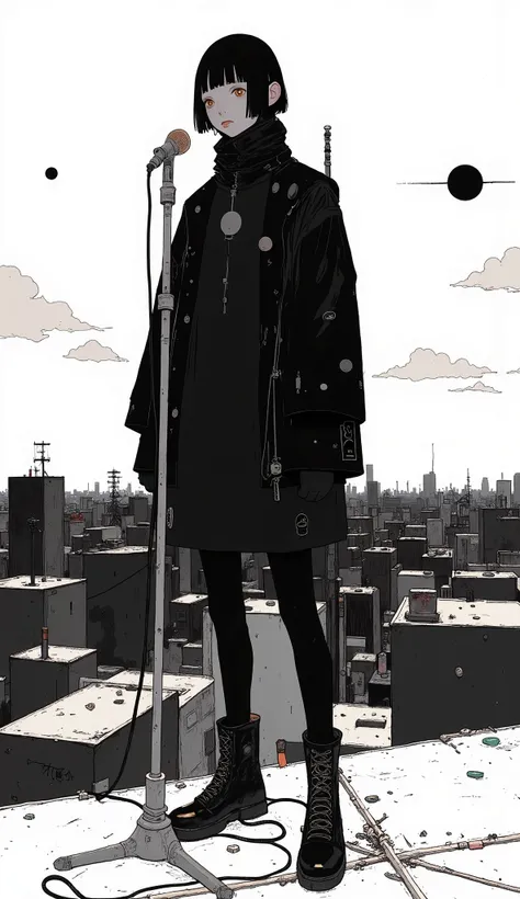 Picture of a man standing on stage with a microphone, Tsutomu Nihei style, Yoroizuka Toshihiko , As Manga Panels, by Kikugawa Eizan,  mixed style by Tsutomu Nihei , Black and white comic panel , black and white manga page, Illustrations by Shigenori Soejim...