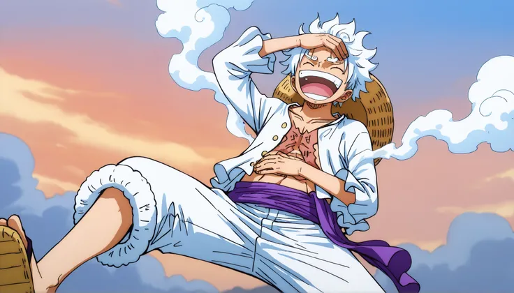 Luffy, NIKA, half body, from front, laughing out loud, white hair, (white eywbrows), eyes closed, X-mark burnt scar on chest, head tilted up, (1arm on stomach - other arm on forehead), long-sleeve white shirt, white pants, sandals, smoke vfx, smoke-like ha...