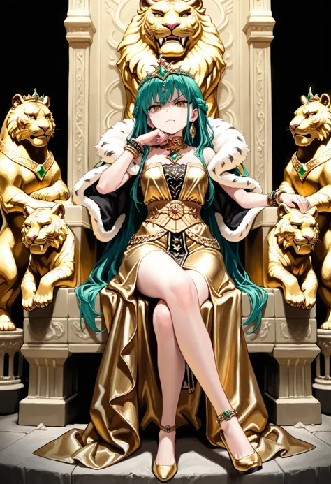 (((Best quality, 8k, Masterpiece: 1.3)), ((best quality)), ((masterpiece)), (detailed), perfect face, Queen, glaring, Dignity, regal presence, A gold dress, a dress studded with jewels, Golden Chignon, Emerald hair ornament, sitting on a throne, sitting cr...