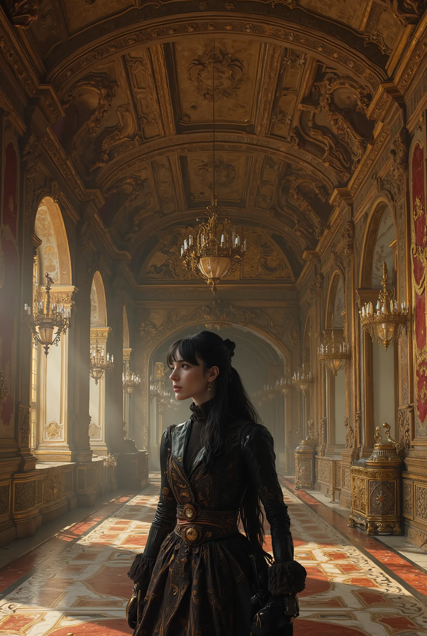 young complicated woman in the royal palace, Wide-angle lens/2.8, Ultra High Resolution Complex Textures, Texture Indentation, The perfect perspective, Perfect Geometry, Ultra Crazy Ambient Lighting , Super Crazy Ambient Shadows, Luminism, super detailed b...