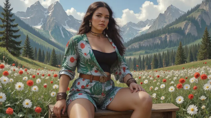 Full body photo, from head to toes, of a gorgeous young woman, muscular and voluptuous. She's posing on a flower field at the Alps. Her very long hair is beautifully styled. She has muscular thick thighs, wide hips, perky fit plump ass, slender waist, high...