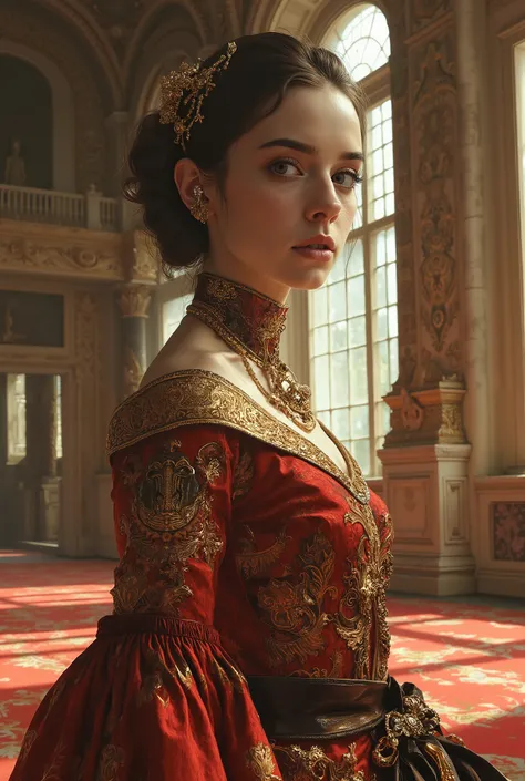 young complicated woman in the royal palace, Wide-angle lens/2.8, Ultra High Resolution Complex Textures, Texture Indentation, The perfect perspective, Perfect Geometry, Ultra Crazy Ambient Lighting , Super Crazy Ambient Shadows, Luminism, super detailed b...
