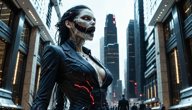 cybernetic corruption, seductive cybernatic vampire, fangs, Corporate Skyscraper Lobby: A sleek vampire executive, slicked‑back hair with chrome highlights, surgical‑steel collar. She stands alone in an opulent lobby, her business suit interwoven with fibe...