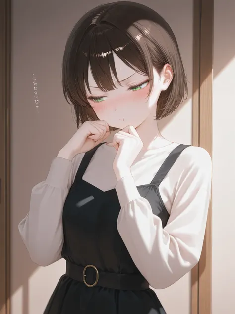 A young Japanese girl,short brunette,long sleeve shirt,black dress 2 strings,tsundere,frosted,green eye,white skin,blush ,pouty