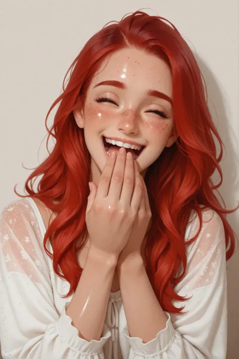 1 girl, red hair, long hair , laughing, covers her mouth with her hand, laughs, casual clothes, waist-length, freckles, full height, shiny skin, freckles