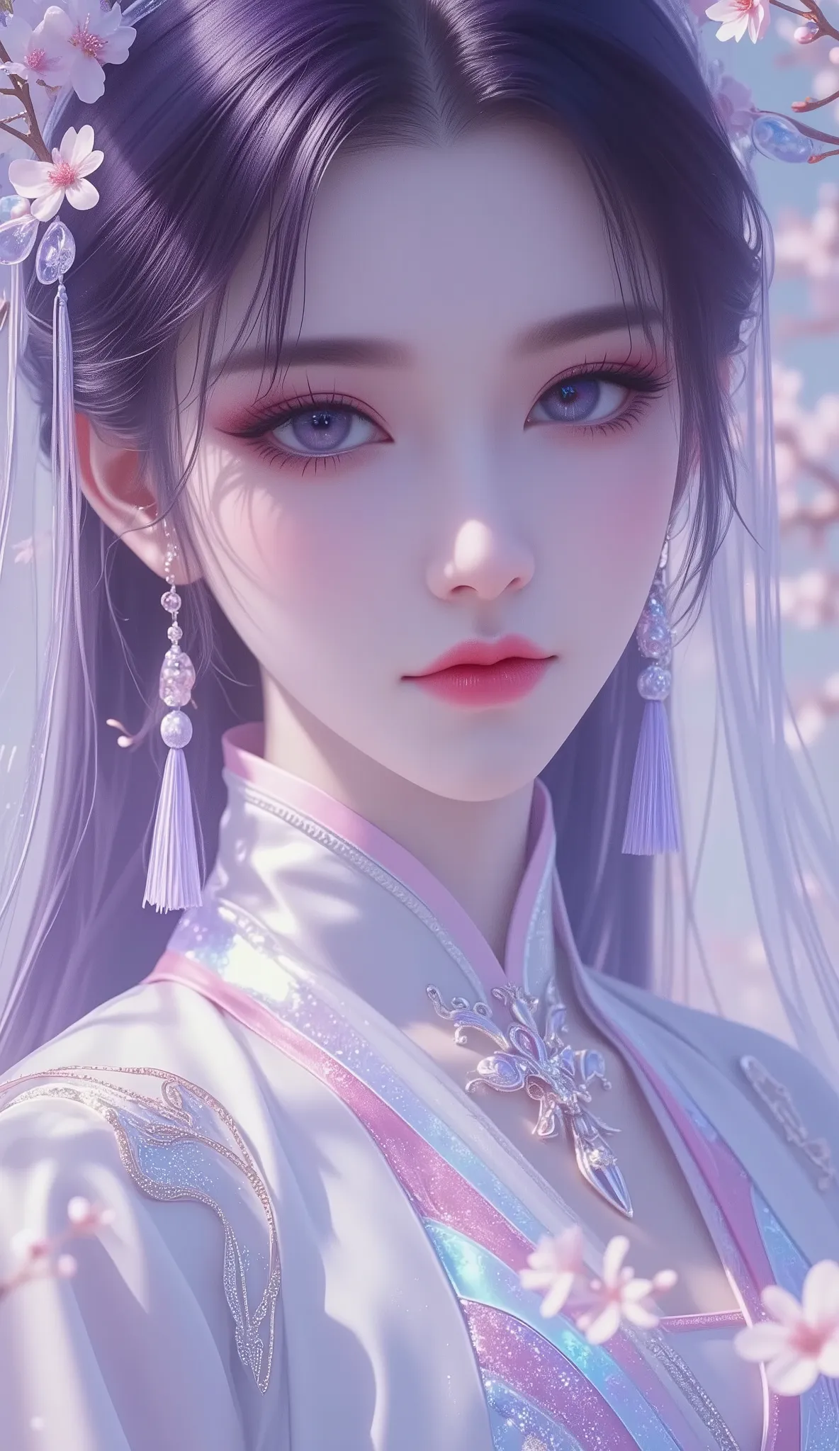 Chinese Fairy Tales character, close-up, extremely details, high detailed face, upper-body, (mature woman, milf), extremely busty, cool beauty, living expressions, (cold gaze, cold eyes, blue eyes), expressionless, dark purple hair, Straight hair, dark hai...