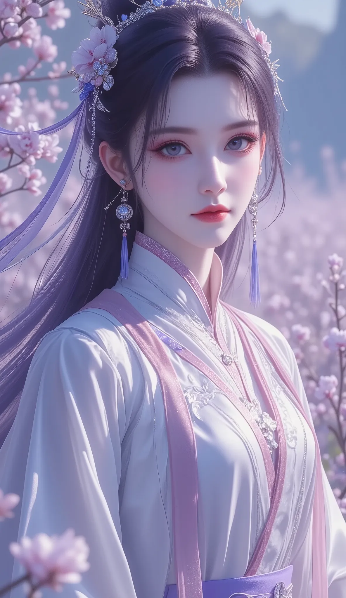 Chinese Fairy Tales character, close-up, extremely details, high detailed face, upper-body, (mature woman, milf), extremely busty, cool beauty, living expressions, (cold gaze, cold eyes, blue eyes), expressionless, dark purple hair, Straight hair, dark hai...