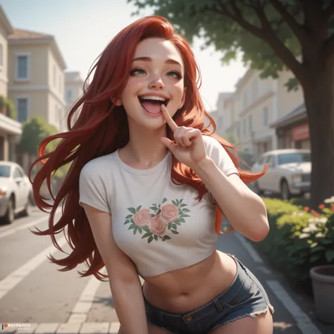 Beautiful girl, red hair, long hair, freckles all over my body, green eyes, white short top, denim shorts with clearly drawn details, 4K, fun laugh , points his finger, holds on to his stomach