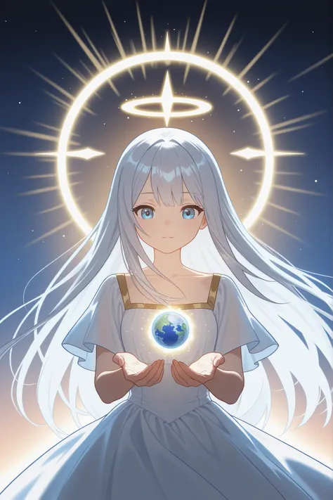 female, 20 years old, silver hair, blue eyes, long hair, straight hair, white dress, god, dreamy, halo, magic, (small earth)attitude to rule the world, animated illustration, 전god