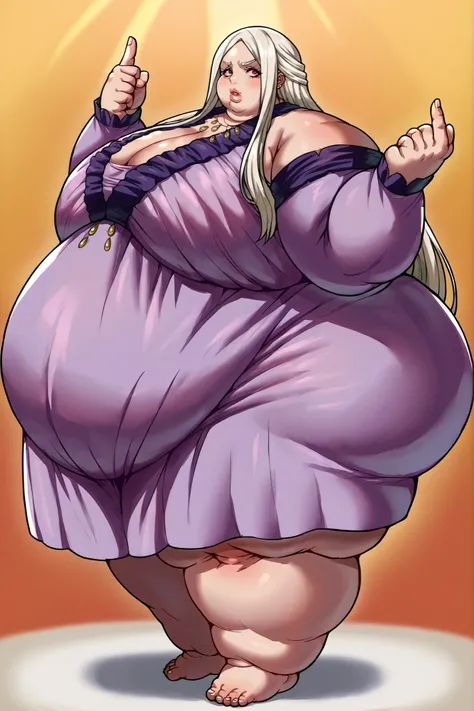 score_9, score_8_up, score_7_up, source_anime, leonoranakiri, leonora nakiri, long hair, red eyes, white hair, pale skin, forehead, dress, cleavage, bare shoulders, jewelry, necklace, purple dress, giant hands, giant feet, fat, chubby, obese, gigantic arms...