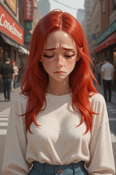 city street, 1 girl, red hair, closed eyes, crying, eyes, long hair , very sad, tears in her eyes, crying, offended, disappointed, long eyelashes, freckles, casual clothes, waist view