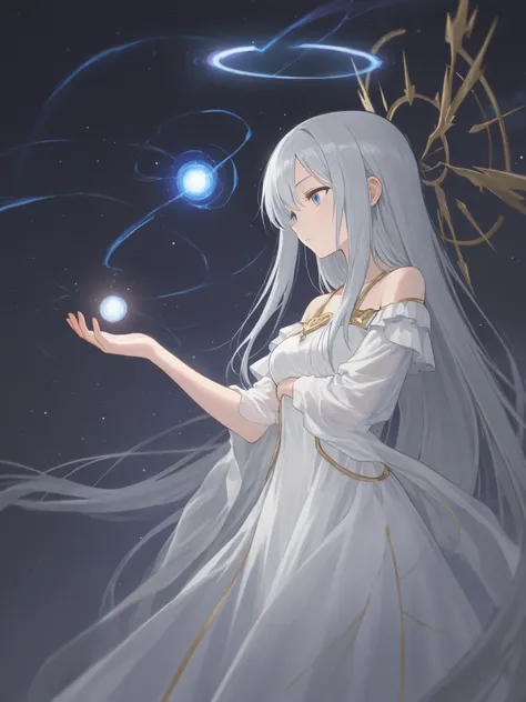 female, 20 years old, silver hair, blue eyes, long hair, straight hair, white dress, god, dreamy, halo, magic, (small earth)attitude to rule the world, animated illustration, 전god