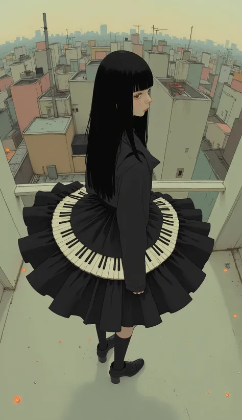 from above、shot with a fisheye lens、Creative Fashion Design, Dress with piano keys arranged in a spiral shape,  Black and White Color Schemes , layered skirt, Score Details, nicely matched top, artistic pose as thin as a willow, profile, looking into the d...
