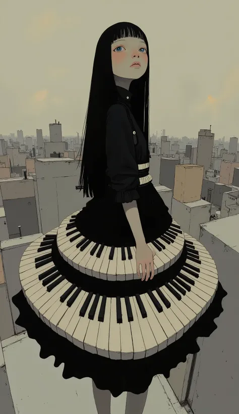 from above、shot with a fisheye lens、Creative Fashion Design, Dress with piano keys arranged in a spiral shape,  Black and White Color Schemes , layered skirt, Score Details, nicely matched top, artistic pose as thin as a willow, profile, looking into the d...