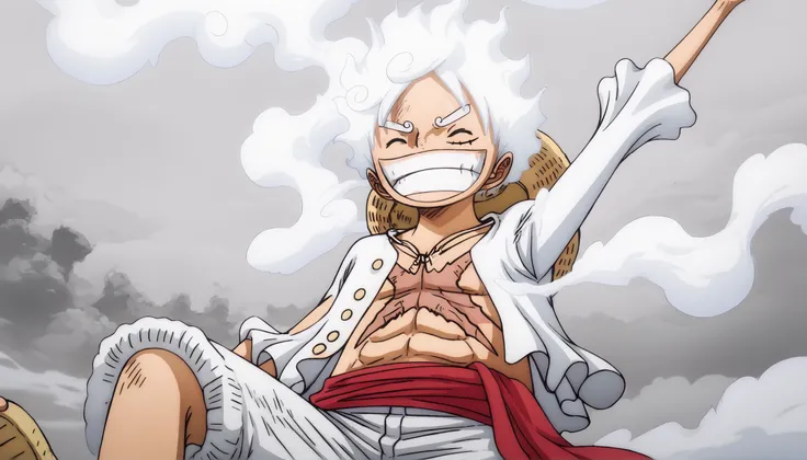Luffy, NIKA, half body, from front, laughing out loud, white hair, (white eywbrows), eyes closed, X-mark burnt scar on chest, head tilted up, (1arm on stomach - other arm on forehead), long-sleeve white shirt, white pants, sandals, smoke vfx, smoke-like ha...
