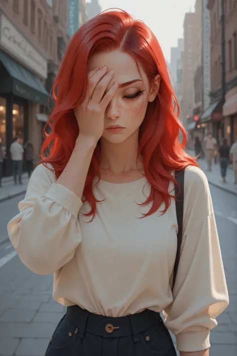 city street, 1 girl, long red hair, long eyelashes, freckles, casual wear, view from the waist, facepalm, 