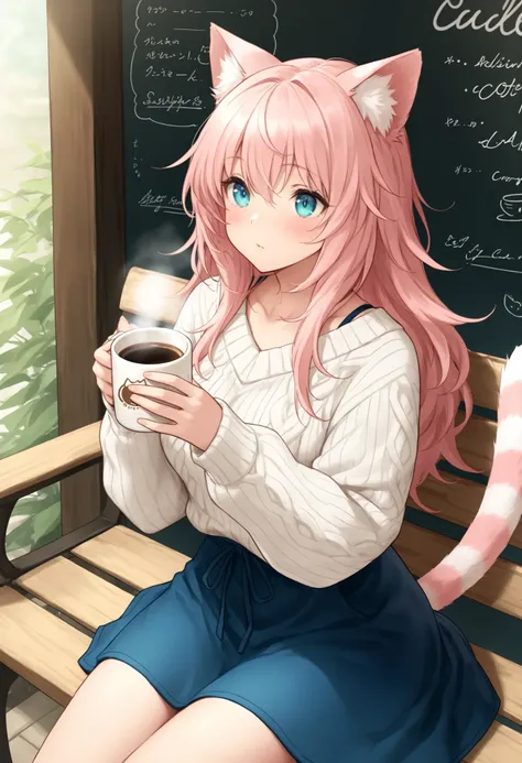 masterpiece, best quality, detailed illustration, 1girl, catgirl, short messy pink hair, twitching cat ears, striped cat tail, wearing a casual sweater and skirt, sitting in a cozy cafe, holding a coffee mug,