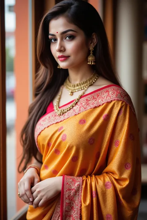 Sexy indian hot wife wearing a saree at saree shop in daytime,with nothing and naked body and nipples covered with saree,she is so seductive and revealing her sexy fegure and , wearing jewellery gold necklace and earring,and wearing red sindoor and bindi o...