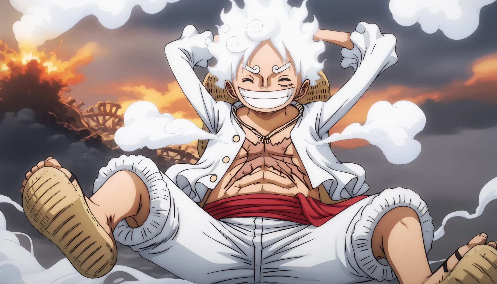 Luffy, NIKA, half body, from front, laughing out loud, white hair, (white eywbrows), eyes closed, X-mark burnt scar on chest, head tilted up, (1arm on stomach - other arm on forehead), long-sleeve white shirt, white pants, sandals, smoke vfx, smoke-like ha...