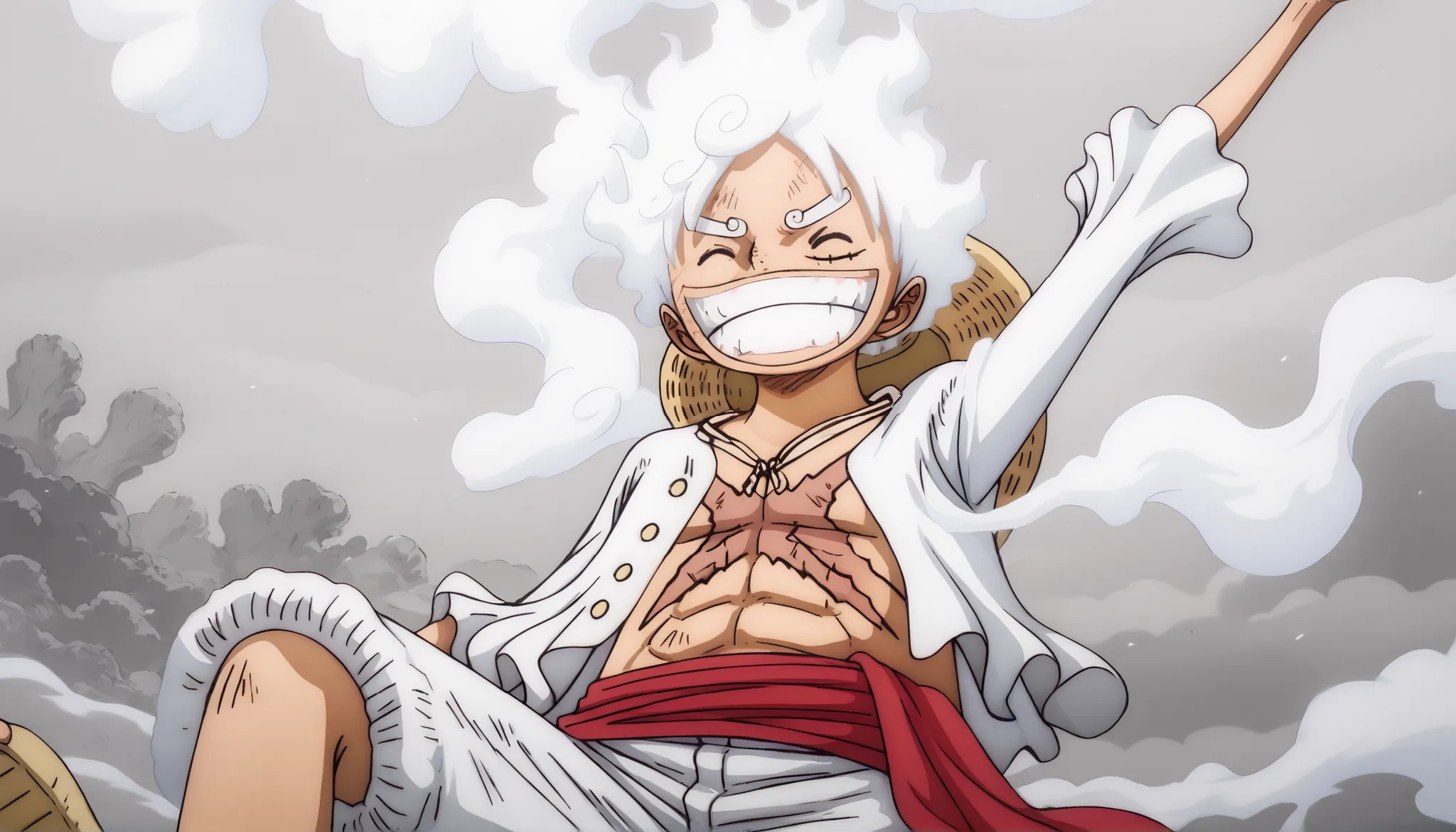 Luffy, NIKA, half body, from front, laughing out loud, white hair, (white eywbrows), eyes closed, X-mark burnt scar on chest, head tilted up, (1arm on stomach - other arm on forehead), long-sleeve white shirt, white pants, sandals, smoke vfx, smoke-like ha...